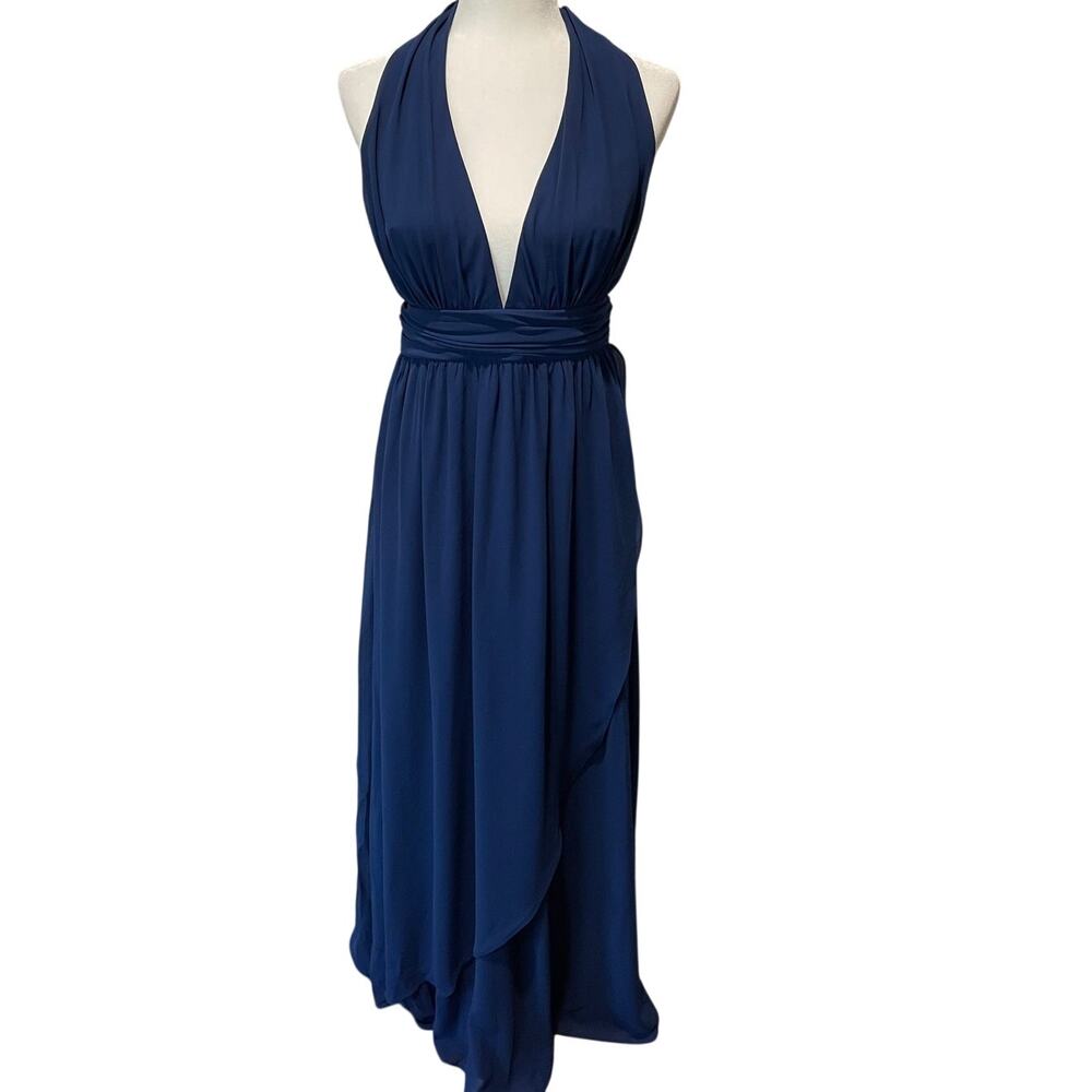 Lulus Stop and Stare Navy Blue Halter Maxi Dress Sz M Plunge Neck Evening Gown